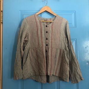 FLAX Linen Striped Button-up Long Sleeve Shirt Sz P